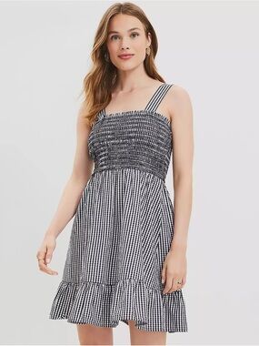 LOFT Gingham Smocked Flounce Minidress